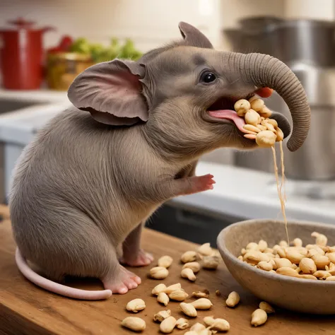 a cute example of a small mouse-like elephant happy with his peanuts in the kitchen, (colorful:0.5)