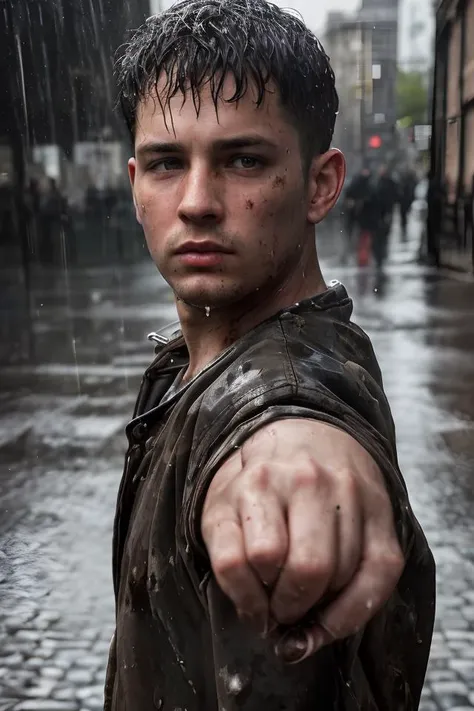 Epic composition, dynamic pose, (masterpiece, best quality), 2boy, 30 year old, chav, rough, dirty, mean, bully, druggie, two boys fist fighting, blood splatter, (streets), rain splashing raindrops puddles, realistic, dramatic lighting, atmospheric, intricate detail, Photorealistic, hyperdetailed, life-like, sharp focus, ((detailed realistic skin, life-like detailed realistic face)),