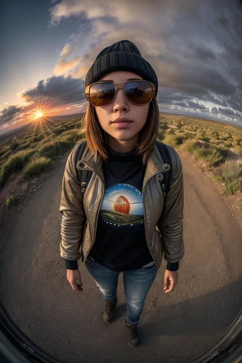 ((masterpiece, best quality), woman, jacket, beard, walking, beanie, sunglasses, ((from below, looking up, fisheye)), upper body, wasteland, sunset, solo focus, cloudy sky, backpack, hands in pockets, ray tracing, extremely detailed, professional light, ultra high res, hdr
