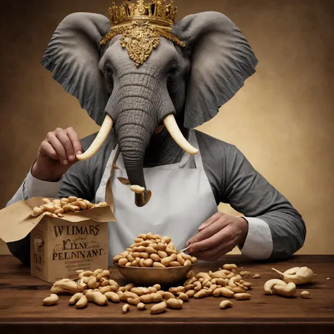 realistic, an elephant prince in the kitchen with his peanuts, elements of whimsy, regal