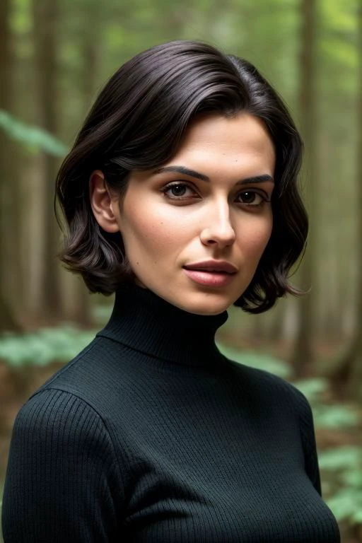 portrait of S258_IsabellaLeeb,a gorgeous woman,in a (forest:1.1),wearing a (turtleneck:1.1),(4k, RAW photo, best quality, depth of field, ultra high res:1.1),(absurdres, intricate, photorealistic, masterpiece, ultra-detailed:1.2), short black hair, wavy bob hair,