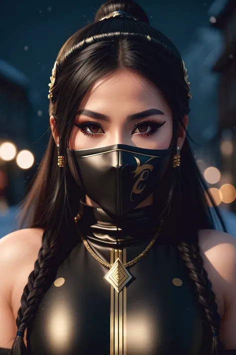 8k wallpaper of a mysterious beautiful masked kunoichi ninja wearing eyeliner and gold jewelry in the streets of a dark snowy town in russia, by artgerm, intricate detail, trending on artstation, 8k, fluid motion, stunning shading, by wlop