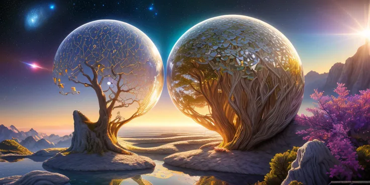Minimalism art of (masterpiece) (best quality), yin yang cosmic scene, fire in the top left corner, water in the bottom left , earth elements in the bottom right, air in the top right BREAK photo like, (maze:1.2), metal cubes, tessellation , GPU benchmark, cubes on cubes, cubes in cubes, metal landscape, sliver blocks, platinum, acid trip, maze, impossible, realism, reflective metallic,  crystals, bright colors, glass mushrooms, jewels, cut diamonds, (massive scale, macro, astronomy photography:1.4),  landscape, (HDR:1.2), ((masterpiece, high quality, best quality, 8k, wallpaper, fine lineart, highly detailed, absurdres)), cinematic photo magical style,  art style hyperrealistic,vivid colors, intricate details, realistic style, oil paintings, acrylic paintings, watercolor paintings, digital illustrations, mixed media pieces, sculptures casting shadows, cosmic sky, photorealistic, extreme detail,lifelike,crisp,precise. natural materials,outdoor,detailed blend of organic and magical elements,futuristic,legendary,detailed,intricate,skin texture,film,bokeh,professional,4k,highly detailed, in the style of art, colorful, phone wallpaper BREAK [girl, 20 yo, cleavage, perfect body, makeup, (establishing shot:1.5), blond  hair color, Spanish, (face:Oblong Face, Upturned Eyes, [eye color green], long nose, thin lips, round cheeks, double chin)], Closeup, amazing quality, masterpiece, best quality, hyper detailed, ultra detailed, UHD, perfect anatomy, portrait, dof, hyper-realism, majestic, awesome, inspiring, Capture the joy of life within a smiling in the gentle warmth of the sun filtering through the open translucent pod. Let the radiance of nature's embrace illuminate their laughter, cinematic composition, soft shadows, national geographic style, abstract, simple geometric shapes, hard edges, sleek contours, Minimalism<lora:more_details:1>
