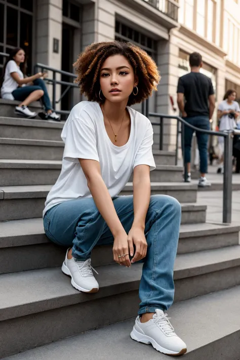photorealistic highly detailed 8k photography, best street shot quality, volumetric lighting, plain clean earthy young woman, casual street wear, Relaxed Sitting Pose on Steps, realistic skin and hair texture, Dynamic Dolly Zoom Effect, Open-Air Theaters full of busy people