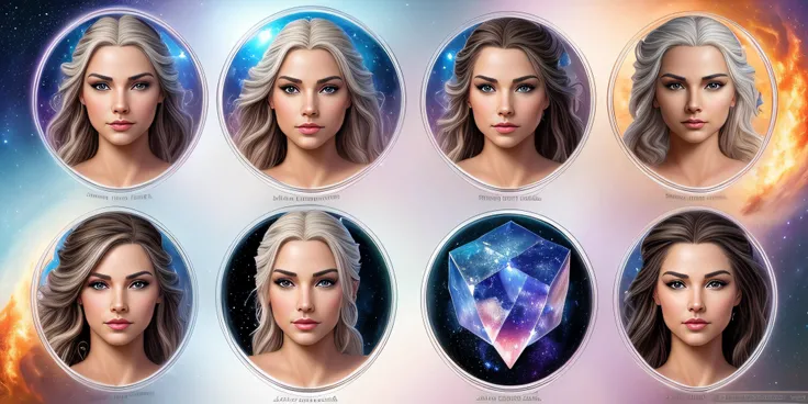 Character Design Sheet of (masterpiece) (best quality), yin yang cosmic scene, fire in the top left corner, water in the bottom left , earth elements in the bottom right, air in the top right BREAK photo like, (maze:1.2), metal cubes, tessellation , GPU benchmark, cubes on cubes, cubes in cubes, metal landscape, sliver blocks, platinum, acid trip, maze, impossible, realism, reflective metallic,  crystals, bright colors, glass mushrooms, jewels, cut diamonds, (massive scale, macro, astronomy photography:1.4),  landscape, (HDR:1.2), ((masterpiece, high quality, best quality, 8k, wallpaper, fine lineart, highly detailed, absurdres)), cinematic photo magical style,  art style hyperrealistic,vivid colors, intricate details, realistic style, oil paintings, acrylic paintings, watercolor paintings, digital illustrations, mixed media pieces, sculptures casting shadows, cosmic sky, photorealistic, extreme detail,lifelike,crisp,precise. natural materials,outdoor,detailed blend of organic and magical elements,futuristic,legendary,detailed,intricate,skin texture,film,bokeh,professional,4k,highly detailed, in the style of art, colorful, phone wallpaper BREAK [girl, 20 yo, cleavage, perfect body, makeup, (establishing shot:1.5), random  hair color, Irish, (face:Oval Round Face, Deep-Set Eyes, [eye color grey], Nose with an Alluring Hook Shape, protruding lower lip, round cheeks, square chin)], character reference sheet, character turn around<lora:more_details:1>