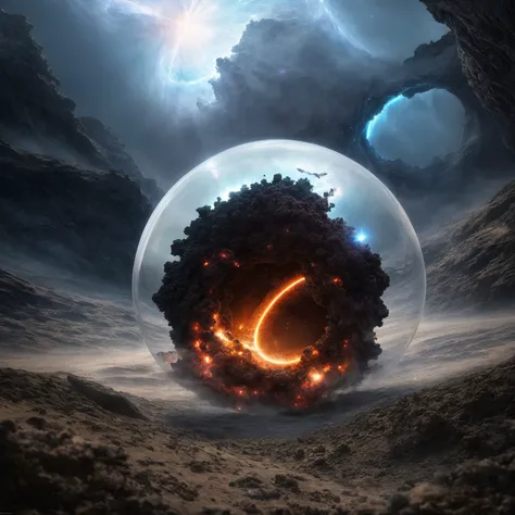 blowing supernova, Black Hole, Digital art, image, hyper-detailed, complex composition, masterpiece, close-up, glow, abstract, surrealism, detailed, otherworldly, fantasy, soft pastel, natural volume, light, atmospheric , sharp focus, complex background, soft haze, sun rays, animalistic, beautiful, mysterious, destroying worlds, in the transparent glass sphere on the beach, in the claws, UFO