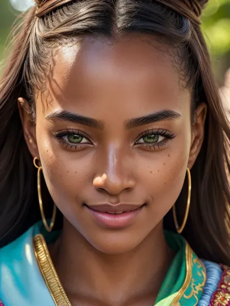 Hyperrealistic art of girl, 20 yo, (establishing shot:1.5), algeria, skin color dark ebony tone of skin (face:Diamond Face, Asian Eyes, [eyecolors green], Nose with an Awkward Bump Shape, soft lip contours, lower cheekbones, long chin) copper., Closeup, amazing quality, masterpiece, best quality, hyper detailed, ultra detailed, UHD, perfect anatomy, portrait, dof, hyper-realism, majestic, awesome, inspiring, Capture the joy of life within a smiling in the gentle warmth of the sun filtering through the open translucent pod. Let the radiance of nature's embrace illuminate their laughter, cinematic composition, soft shadows, national geographic style, (ultra detailed eyes and face)<lora:eyetuneT:1>, dramatic, (masterpiece, best quality, high quality), hyperdetailed, highres, intricate detail, HDR, 8k, sharp focus, detailed background, extremely detailed face eyes lips nose, perfect hands, realistic eyes, detailed skin texture, subsurface scattering, realistic, temple, dark, photorealistic,, Extremely high-resolution details, photographic, realism pushed to extreme, fine texture, incredibly lifelike