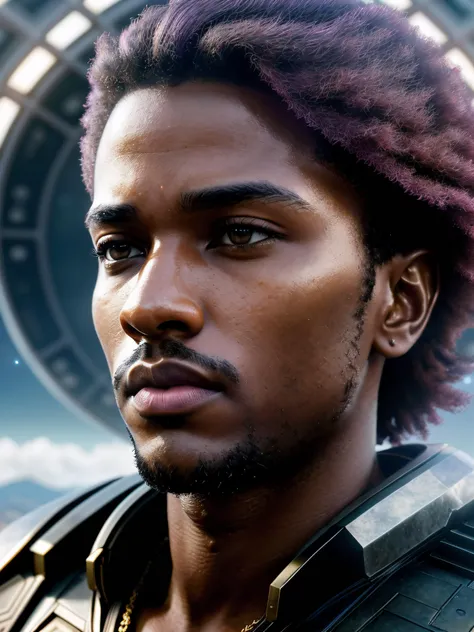 cinematic film still of (man 25 yo), (establishing shot:1.5), zimbabwe, skin color dark ebony tone of skin (face:Oblong Face, Upturned Eyes, [eye color brown], Nose with an Amorphous Shape, thin lips, prominent cheeks, pointed chin) light pink (male:1.8), (ultra detailed eyes and face)<lora:eyetuneT:1>, dramatic, (masterpiece, best quality, high quality), hyperdetailed, highres, intricate detail, HDR, 8k, sharp focus, detailed background, extremely detailed face eyes lips nose, perfect hands, realistic eyes, detailed skin texture, subsurface scattering, realistic, temple, dark, photorealistic,, airport, spaceship station, windows, scifi future landscape, ((futuristic city in the distance)), (barren landscape with mountains similar to mars), (2 moons in the sky), beautiful clouds, epic scenery,(highest quality, award winning, masterpiece:1.3), (Science Fiction Poster) , shallow depth of field, vignette, highly detailed, high budget, bokeh, cinemascope, moody, epic, gorgeous, film grain, grainy