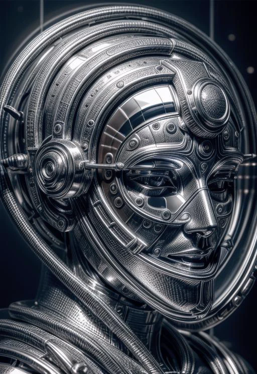 ((Viewed from the side, (knees to head in full view))) A black and white portrait of an android with a body of polished chrome and chrome wire running across the surface producing intricate shapes on its surface. Its face is covered in one piece mirrored chrome, contoured to resemble a human face. It looks over at a sculpture with an (((expression of wonder as it reaches out to touch the sculpture beside it))). It's a magnificent, intelligent creature, design for beauty as well as purpose. (Full body in view) ((highly reflective, mirror like)), Science fiction, cyberpunk art, analytical art, Movie Still, Film Still, Cinematic, Cinematic Shot, Cinematic Lighting, background, bokeh, bloom, subsurface scattering, 32k resolution, HDR, IMAX, Canon, Fujifilm, Intricately detailed environment,
<lora:xl_real_beta1:0.84> <lora:xl_more_art-full_v1:0.81> <lora:more_details:1.2> <lora:GlowingRunesAIv2:0.4> SteampunkSchematics