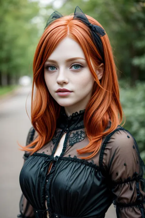 A woman in her 20s, looking at the camera, she has freckles, green eyes, she has Lush redhead hair, wearing a gothgal outfit, hyperdetailed, hyperrealism, detailed skin texture, ((best quality)), ((masterpiece)), (detailed), 8k uhd, Nikon 70d, ISO200, F/2.8, 1/25sec, 70mm <lora:ballgownGoth:0.7>  <lora:more_details:0.7>