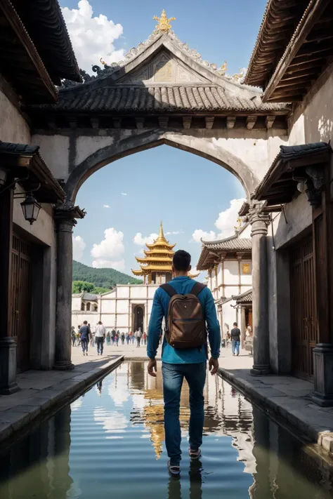 photorealistic highly detailed 8k photography, best street shot quality, volumetric lighting, plain clean earthy young man, casual street wear, Walking Away with a Back Glance, realistic skin and hair texture, Creative Use of Reflections in Water, Monasteries or Temples full of busy people