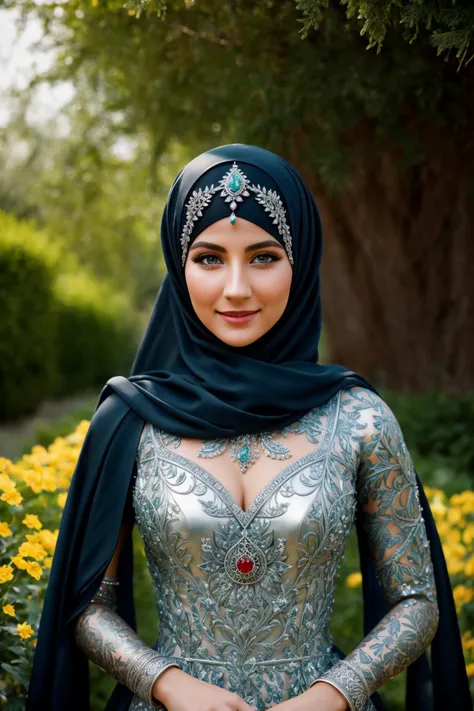 Create a hyper-realistic full-body shot of a smiling 25-year-old German female wearing a hejab and red ballgown dress, with blue eyes and jewelry art in silver. The subject is standing in a garden surrounded by green flowers and trees, and has intricate shape tattoos on their face. The image has dynamic posing and a detailed Arabic face, with an aspiring facial expression that conveys confidence and grace. The lighting is cinematic and the photograph is ultra-detailed, with 8k resolution and sharp focus. The jewelry art is intricate and detailed, and the subjectâs skin and eyes are rendered in exquisite detail.