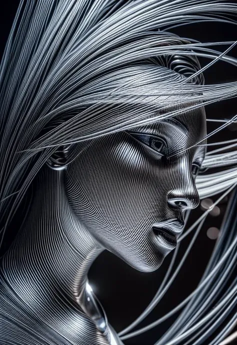 ((Viewed from the side, (knees to head in full view))) A black and white portrait of an android with a body of polished chrome and chrome wire running across the surface producing intricate shapes on its surface. Its face is covered in one piece mirrored chrome, contoured to resemble a human face. It looks over at a sculpture with an (((expression of wonder as it reaches out to touch the sculpture beside it))). It's a magnificent, intelligent creature, design for beauty as well as purpose. (Full body in view) ((highly reflective, mirror like)), Science fiction, cyberpunk art, analytical art, Still, Film Still, Cinematic, Cinematic Shot, Cinematic Lighting, background, bokeh, bloom, subsurface scattering, 32k resolution, HDR, IMAX, Canon, Fujifilm, Intricately detailed environment,
<lora:xl_real_beta1:0.84> <lora:xl_more_art-full_v1:0.81> <lora:more_details:1.2>