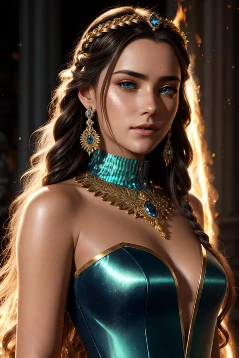masterpiece of The Queen as a very beautiful young female mythical servant with long hairs, pale and toned eyes, her long blond shoulder length shiny braided permed hair, made from iridescent fire, particles and dust in the air, intricate silver decorative design carved decorated with sapphire encrusted inlay, Her dress is embellished with traditional and precious stones, Her hair is loose and slender and her eyes glow, Bright blue with silver, gold, and sapphire jewelry adorned with precious gemstones, and gold precious jewels, James C, Leyendecker, John William Waterhouse style, oil on canvas, beautifully detailed, trending on artstation, award winning, masterpiece, sharp focus, high quality hd, 4k, very detailed Gardenal, rendered in the style of Marc Simonetti, octane, Artgerm, HD, Anime, symmetrical artwork. 8K subtle redshift, ray tracing, Hyper detailed feathers strands of jeweled freckles, Hyper realistic anime, rendered by R, Greg Rutkowski in the most crisp, Hyper realism, Hyper detailed epic scenery, Hyper realism, realistic