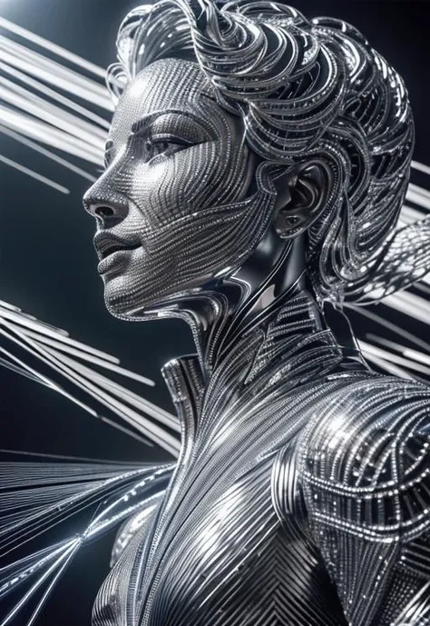 (( Viewed from the side, (knees to head in full view))) A black and white portrait of an android made with thousands of chrome microstructures covering its body with smooth chrome covering its face. It looks over at a sculpture with an (((expression of wonder as it reaches out to touch the sculpture beside it))). It's a magnificent, intelligent creature, design for beauty as well as purpose. (Full body in view) Science fiction, cyberpunk art, analytical art, Still, Film Still, Cinematic, Cinematic Shot, Cinematic Lighting, background, bokeh, bloom, subsurface scattering, 32k resolution, HDR, IMAX, Canon, Fujifilm, Intricately detailed environment,
<lora:xl_real_beta1:0.84> <lora:xl_more_art-full_v1:0.31>