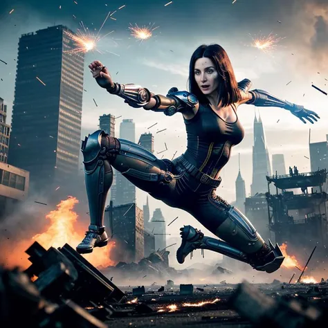 dynamic and intense battle scene from the "Alita: Battle Angel." Alita, the cyborg warrior with large, expressive eyes and sleek combat armor, is in mid-air executing a powerful martial arts move. Her body is a blur of motion, with her arms and legs extended as she aims a devastating kick at a formidable opponent. Sparks and debris fly around them, emphasizing the high-impact nature of their clash. The background shows a futuristic, dystopian cityscape with towering structures and neon lights, partially shrouded in smoke and shadows. The scene is filled with energy, highlighting Alita's agility and strength in combat
Show more
