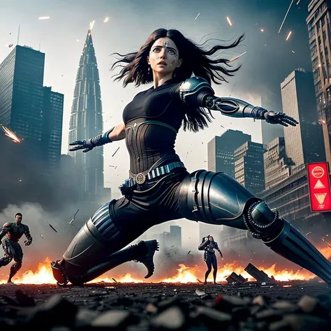 dynamic and intense battle scene from the "Alita: Battle Angel." Alita, the cyborg warrior with large, expressive eyes and sleek combat armor, is in mid-air executing a powerful martial arts move. Her body is a blur of motion, with her arms and legs extended as she aims a devastating kick at a formidable opponent. Sparks and debris fly around them, emphasizing the high-impact nature of their clash. The background shows a futuristic, dystopian cityscape with towering structures and neon lights, partially shrouded in smoke and shadows. The scene is filled with energy, highlighting Alita's agility and strength in combat
Show more