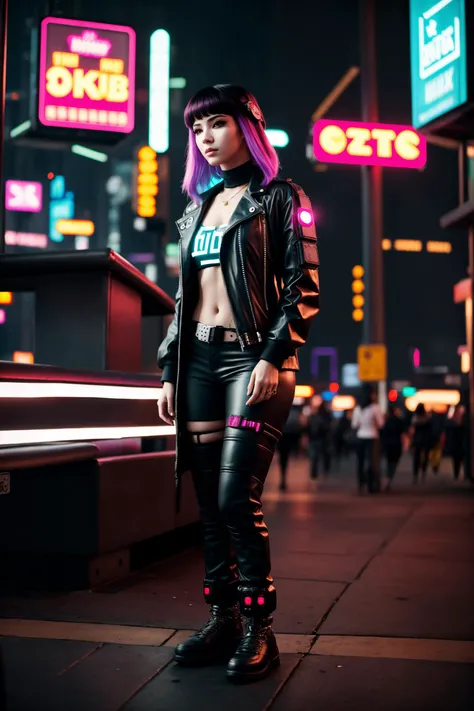 Medium candid 8k photography, (Stylish young woman in cyberpunk clothes:1.3), Candid composition, Street diner ambiance, Relaxed posture, (Urban surroundings:1.2), Bustling city crowd, Natural lighting, Shot with a Canon EOS 5D Mark IV, Ultra-high resolution, Genuine character
