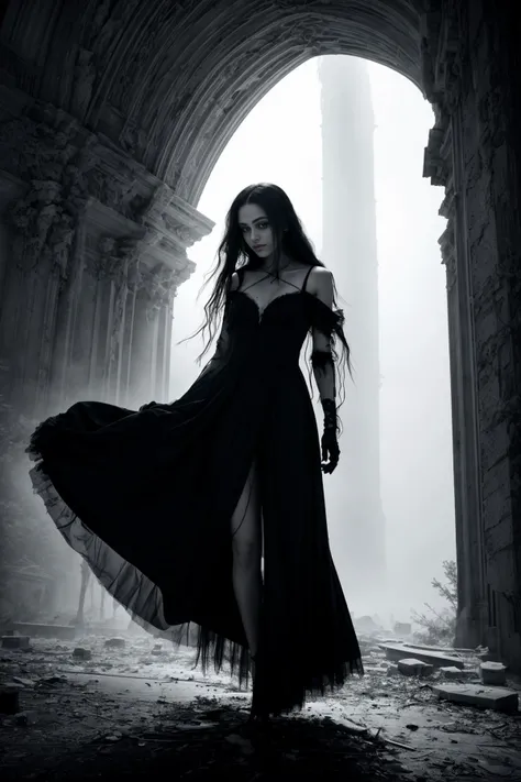masterpiece, best quality, highly detailed photorealistic raw image, volumetric lighting, volumetric shadows, 8k render in octane
In a realm where death and darkness intertwine with the haunting beauty of magic and enchantments, a captivating female protagonist emerges as a beacon of both resilience and vulnerability amidst a chilling backdrop. She assumes an artistic posture that seems to channel the very essence of this ominous worldâa world shrouded in perpetual twilight, where ethereal specters drift through moonlit mists, and ancient spells echo through shadowy forests. Her eyes, aglow with both the secrets of dark sorcery and the haunting memories of lost companions, reflect the eerie beauty of this realm's malevolence. Her gown, a fusion of ethereal grace and the tattered remnants of past encounters, weaves a haunting narrative. As she strikes this mesmerizing and dramatic pose, she becomes a living embodiment of the delicate balance between life and death, light and darkness, promising a journey through a world where the boundaries of reality and the allure of magic merge amidst the specter of mortalityâa world where every step treads the fine line between enchantment and despair, and every moment is a brushstroke on the canvas of a haunting, otherworldly drama.