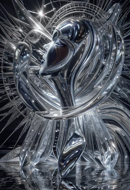 (( Viewed from the side, (knees to head in full view))) A black and white portrait of an android made with hundreds of mirror chrome surfaces covering its body and smooth chrome covering its face. It looks over at a sculpture with an (((expression of wonder as it reaches out to touch the sculpture beside it))). It's a magnificent, intelligent creature, design for beauty as well as purpose. (Full body in view) ((highly reflective, mirror like)), Science fiction, cyberpunk art, analytical art, Movie Still, Film Still, Cinematic, Cinematic Shot, Cinematic Lighting, background, bokeh, bloom, subsurface scattering, 32k resolution, HDR, IMAX, Canon, Fujifilm, Intricately detailed environment,
<lora:xl_real_beta1:0.84> <lora:xl_yamer_style-2.0:1.28> yamer style