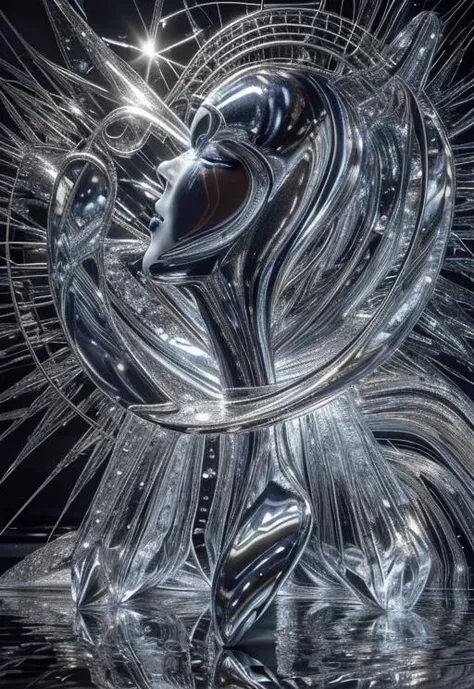 (( Viewed from the side, (knees to head in full view))) A black and white portrait of an android made with hundreds of mirror chrome surfaces covering its body and smooth chrome covering its face. It looks over at a sculpture with an (((expression of wonder as it reaches out to touch the sculpture beside it))). It's a magnificent, intelligent creature, design for beauty as well as purpose. (Full body in view) ((highly reflective, mirror like)), Science fiction, cyberpunk art, analytical art, Still, Film Still, Cinematic, Cinematic Shot, Cinematic Lighting, background, bokeh, bloom, subsurface scattering, 32k resolution, HDR, IMAX, Canon, Fujifilm, Intricately detailed environment,
<lora:xl_real_beta1:0.84> <lora:xl_yamer_style-2.0:1.28> yamer style
