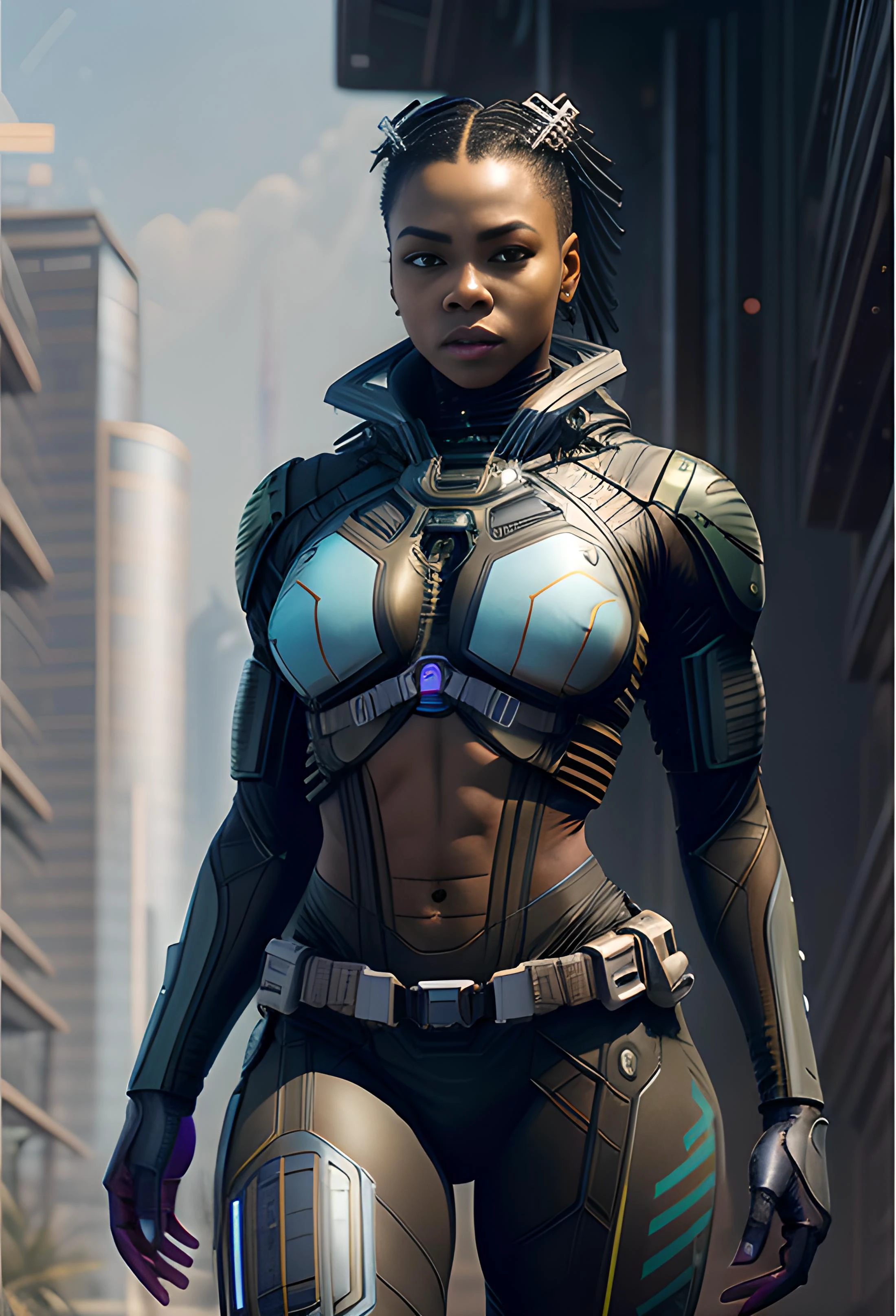 selina igwe. apex legends beautiful cyberpunk fitness babe in stealth suit. concept art by james gurney and mÅbius. gorgeous face. <lora:sdprompt:0.40> <lora:detail_slider_v4:-0.02> <hypernet:sxzBloom_sxzBloom:0.65> <hypernet:mjv4Hypernetwork_v1:0.50>