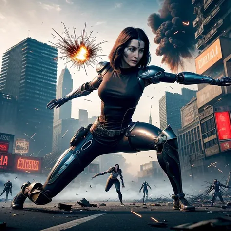 dynamic and intense battle scene from the "Alita: Battle Angel." Alita, the cyborg warrior with large, expressive eyes and sleek combat armor, is in mid-air executing a powerful martial arts move. Her body is a blur of motion, with her arms and legs extended as she aims a devastating kick at a formidable opponent. Sparks and debris fly around them, emphasizing the high-impact nature of their clash. The background shows a futuristic, dystopian cityscape with towering structures and neon lights, partially shrouded in smoke and shadows. The scene is filled with energy, highlighting Alita's agility and strength in combat
Show more