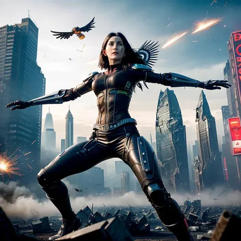 dynamic and intense battle scene from the "Alita: Battle Angel." Alita, the cyborg warrior with large, expressive eyes and sleek combat armor, is in mid-air executing a powerful martial arts move. Her body is a blur of motion, with her arms and legs extended as she aims a devastating kick at a formidable opponent. Sparks and debris fly around them, emphasizing the high-impact nature of their clash. The background shows a futuristic, dystopian cityscape with towering structures and neon lights, partially shrouded in smoke and shadows. The scene is filled with energy, highlighting Alita's agility and strength in combat
Show more