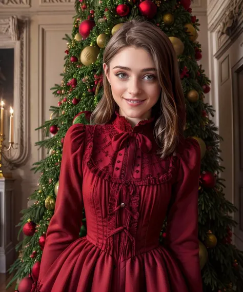 RAW, 50mm f 1.2, full body photograph or gorgeous fit, thin  n4t4l14d, face ,   wearing a red Victorian dress posing in front of ((Christmas tree)) in large Victorian Room, fireplace, eye contact, flirty smile, hyperdetailed 
<lora:n4t4l14d:1>