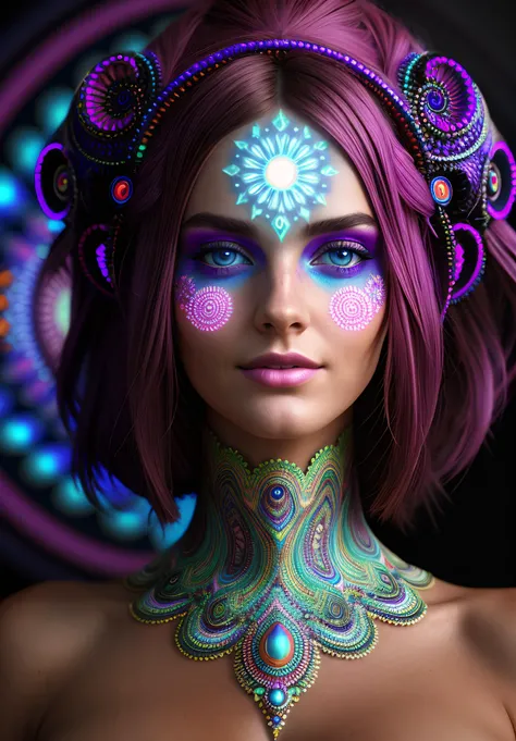 Psychedelic model looking at the viewer, award-winning portrait photography, 1woman, focus face, vivid, with fractals in the background, alien woman, detailed, third eye, glowing eyes, fractal pattern, a light smile, trending on artstation, extremely detailed, ultra high quality model