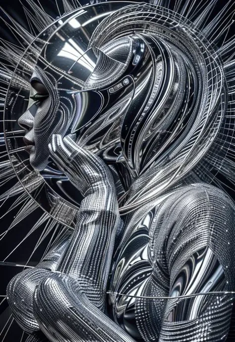 (( Viewed from the side, (knees to head in full view))) A black and white portrait of an android made with hundreds of mirror chrome surfaces covering its body and smooth chrome covering its face. It looks over at a sculpture with an (((expression of wonder as it reaches out to touch the sculpture beside it))). It's a magnificent, intelligent creature, design for beauty as well as purpose. (Full body in view) ((highly reflective, mirror like)), Science fiction, cyberpunk art, analytical art, Still, Film Still, Cinematic, Cinematic Shot, Cinematic Lighting, background, bokeh, bloom, subsurface scattering, 32k resolution, HDR, IMAX, Canon, Fujifilm, Intricately detailed environment,
<lora:xl_real_beta1:0.84> <lora:xl_more_art-full_v1:0.31>