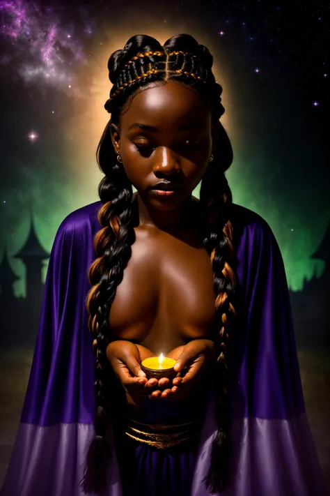 Wide angle oil painting, (Enigmatic Kenyan Fairytale Witch casting spell:1.2), Rule of thirds composition, Flowing robes, Magical aura, (Mystical Galaxy Braid:1.3), Mysterious gaze, Embarrassed expression, Shadowed features, Velvety textures, (Moonlit Palace backdrop:1.2), Luminous crescent light, Eerie shadows, Captured with a 50mm Bokeh lens