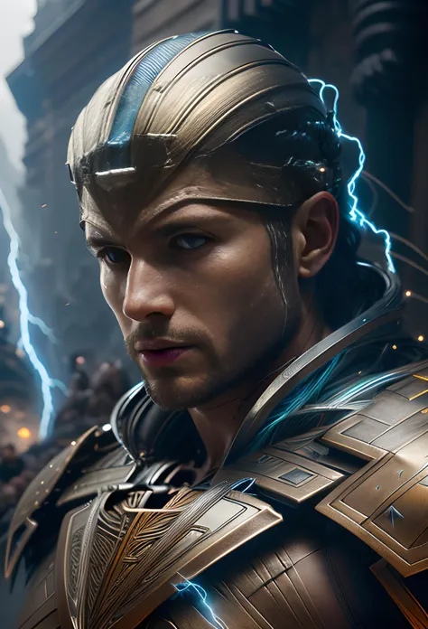 portrait of a god wearing an armor made out of lightning, lightning bolts, filaments of lightning, greek mythology, intricate, headshot, highly detailed, digital painting, artstation, concept art, sharp focus, cinematic lighting, illustration, art by artgerm and greg rutkowski, alphonse mucha, cgsociety <lora:sdprompt:0.24> <lora:detail_slider_v4:0.41> <hypernet:sxzBloom_sxzBloom:0.61> <hypernet:mjv4Hypernetwork_v1:0.20>