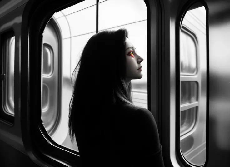 three cornered window, back of head shot of (woman looking out of triangle window:1.1), 3rd person, Looking out the triangular window of a (train:1.1) with triangular windows, triangular windows and triangular, wheels, in a fantasy world,
psychedelic, geometric, vivid light, high contrast, triadic colors, dark shadows, explosions, nuclear mushroom cloud, nuclear explosion, dystopian nightmare,
(beautiful composition),
21 yo woman,