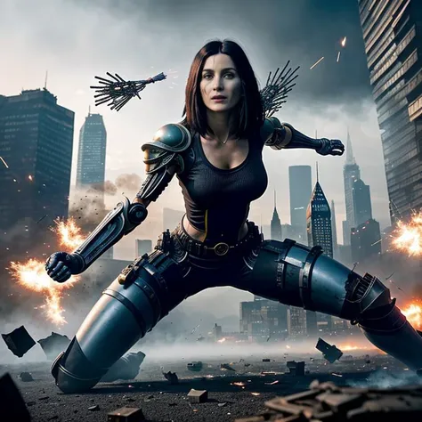 dynamic and intense battle scene from the "Alita: Battle Angel." Alita, the cyborg warrior with large, expressive eyes and sleek combat armor, is in mid-air executing a powerful martial arts move. Her body is a blur of motion, with her arms and legs extended as she aims a devastating kick at a formidable opponent. Sparks and debris fly around them, emphasizing the high-impact nature of their clash. The background shows a futuristic, dystopian cityscape with towering structures and neon lights, partially shrouded in smoke and shadows. The scene is filled with energy, highlighting Alita's agility and strength in combat
Show more