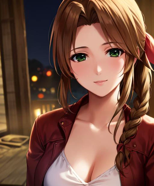 portrait, (adult woman), (1girl, solo), smile, (brown hair), green eyes, ((slums)), (night, hazy), ((best quality, high detail)), ((masterpiece)), <lora:Cha - Aerith v3:.75> aerith gainsborough, hair ribbon, braid, cropped jacket, dress, <lora:1_fumio_13e:1>