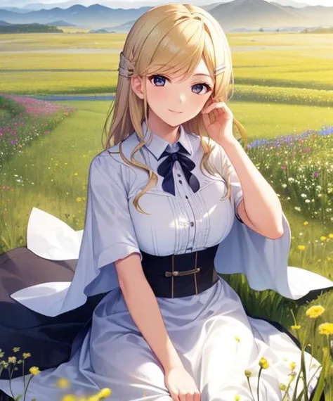 portrait, (adult woman), sitting, picking flowers, (1girl, solo), smile, (blonde hair), ((field, rolling hills)), (distant mountains), ((best quality, high detail)), ((masterpiece)), hairclip, cape, <lora:1_fumio_13e:1>