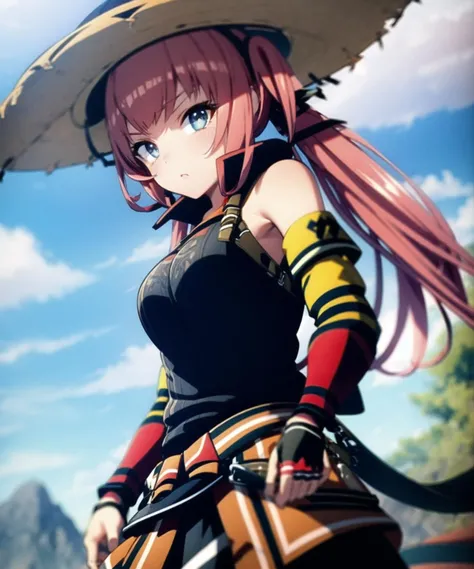 IzunaCzar, (short hair, pink hair, green eyes, goggles), (black spandex shorts, red ninja clothes, ninja, fishnet, fishnet legwear, shuriken)), (masterpiece:1.2), hires, ultra-high resolution, 8K, high quality, , clean, standing,large_breasts,smile,japanese_old_townscape_background,,