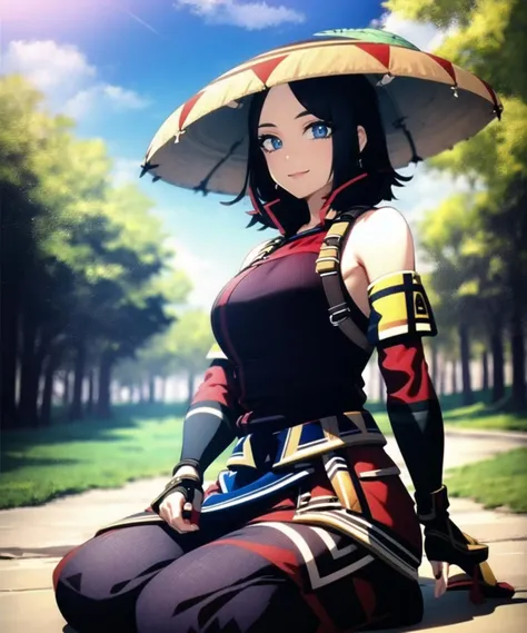 (masterpiece, best quality, extremely detailed CG, beautiful detailed eyes, ultra-detailed, intricate details:1.2), 8k wallpaper, elaborate features, glistening shiny, glowing light, ray tracing, HDR, deph of field, (perfect face), HD, perfect lighting, ((beautiful detailed eyelashes)), ((cowboy shot, looking at viewer)), ((outdoors, sky)) ,  1girl, smile, sitting, seiza, full body, 
 YukumoArmorMH, armor, japanese clothes, bare shoulders, sleveeless, gloves, kusasuri, japanese armor, baggy pants, tabi, hat, fingerless gloves, hat feather, belt, dress,
 <lora:YukumoArmorMH-000008:1>