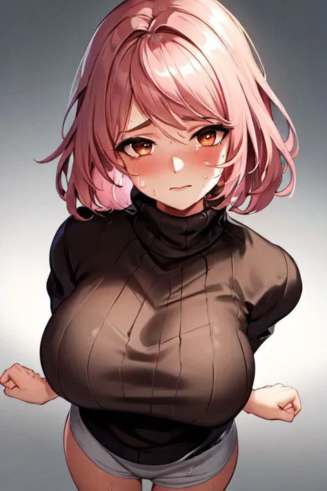 (masterpiece, high quality, highres:1),1girl,solo,large breasts,simple background,false smile,mother,mature female,standing,sweat,fog,sweater,brown hair,brown eyes,flustered,panicking,rushing,long hair,revealing clothes,forced smile,half-closed eyes,plump,wide hips,arms behind back,<lora:ntrface-wasabiya:1>,ntrgao,dark,shaded face,despair ,(brown eyes , pink hair ),from above ,short hair ,dark skin, dark-skinned female ,,