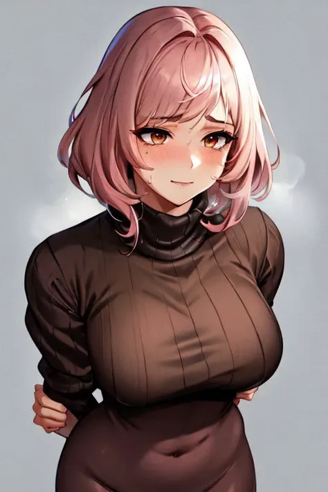 (masterpiece, high quality, highres:1),1girl,solo,large breasts,simple background,false smile,mother,mature female,standing,sweat,fog,sweater,brown hair,brown eyes,flustered,panicking,rushing,long hair,revealing clothes,forced smile,half-closed eyes,plump,wide hips,arms behind back,<lora:ntrface-wasabiya:1>,ntrgao,dark,shaded face,despair ,(brown eyes , pink hair ),from above ,short hair ,dark skin, dark-skinned female ,,