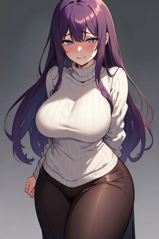 (masterpiece, high quality, highres:1),1girl,solo,large breasts,simple background,false smile,mother,mature female,standing,sweat,fog,sweater,brown hair,brown eyes,flustered,panicking,rushing,long hair,revealing clothes,forced smile,half-closed eyes,plump,wide hips,arms behind back,<lora:ntrface-wasabiya:1>,ntrgao,dark,shaded face,spasm ,(blue eyes , purple hair ),,long hair,,,