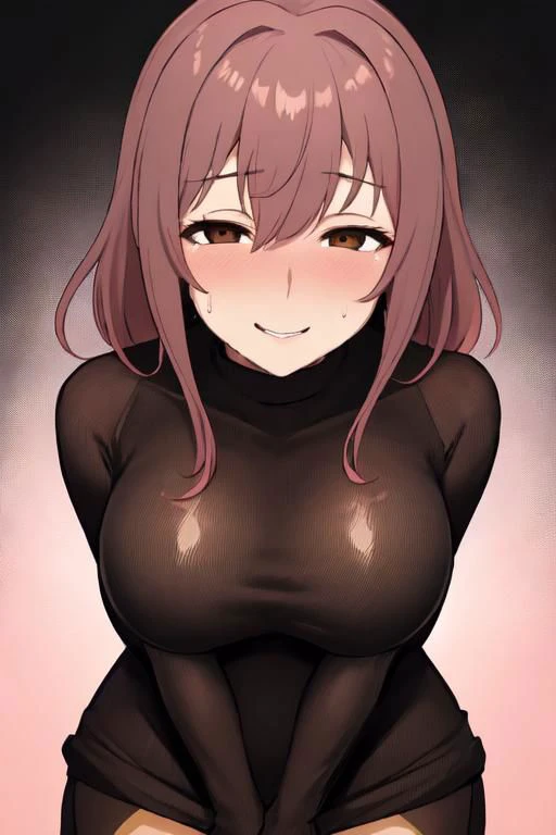 (masterpiece, high quality, highres:1),1girl,solo,large breasts,simple background,false smile,mother,mature female,standing,sweat,fog,sweater,brown hair,brown eyes,flustered,panicking,rushing,long hair,revealing clothes,forced smile,half-closed eyes,plump,wide hips,arms behind back,<lora:ntrface-wasabiya:1>,ntrgao,dark,shaded face,despair ,(brown eyes , pink hair ),from above ,short hair ,dark skin, dark-skinned female ,,