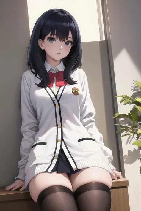 1girl, masterpiece, best quality, rikka takarada, black hair, blue eyes, long hair, black skirt, buttons, cardigan, collared shirt, long sleeves, microskirt, pleated skirt, red bowtie, school uniform, thighs, white cardigan, white shirt, indoors, ntrgao