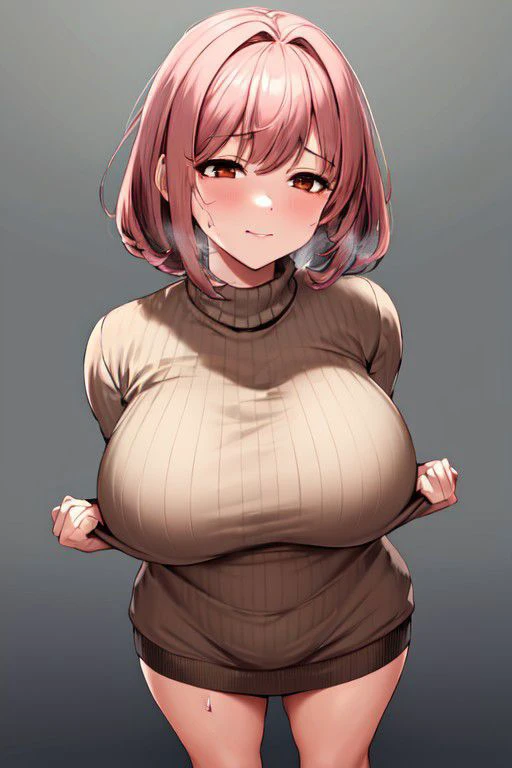 (masterpiece, high quality, highres:1),1girl,solo,large breasts,simple background,false smile,mother,mature female,standing,sweat,fog,sweater,brown hair,brown eyes,flustered,panicking,rushing,long hair,revealing clothes,forced smile,half-closed eyes,plump,wide hips,arms behind back,<lora:ntrface-wasabiya:1>,ntrgao,dark,shaded face,despair ,(brown eyes , pink hair ),from above ,short hair ,dark skin, dark-skinned female ,,