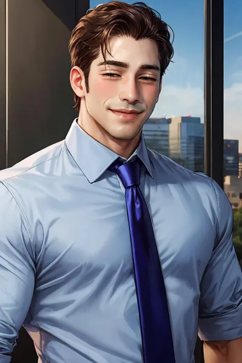 <lora:ntrface-wasabiya:1>, (ntrgao,blush, smile, empty eyes/no highlights), upper body, face focus, business suit, muscular male, bara, mature, male