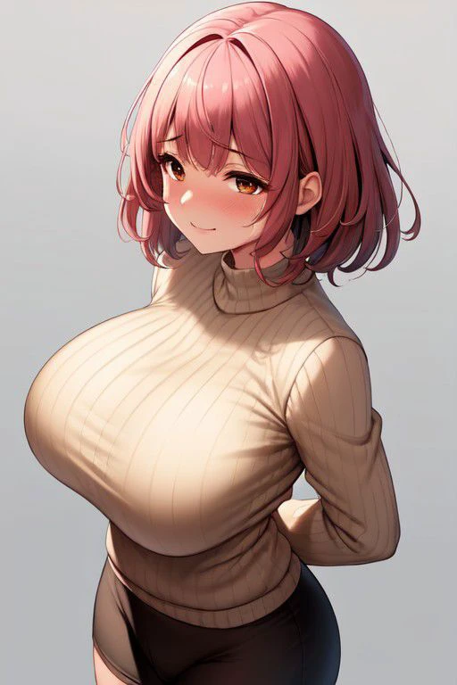 (masterpiece, high quality, highres:1),1girl,solo,large breasts,simple background,false smile,mother,mature female,standing,sweat,fog,sweater,brown hair,brown eyes,flustered,panicking,rushing,long hair,revealing clothes,forced smile,half-closed eyes,plump,wide hips,arms behind back,<lora:ntrface-wasabiya:1>,ntrgao,dark,shaded face,despair ,(brown eyes , pink hair ),from above ,short hair ,dark skin, dark-skinned female ,,