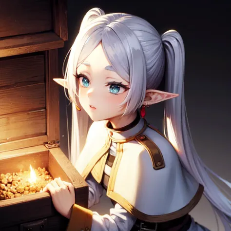 masterpiece, best quality, ultra-detailed, glowing light, (detailed background, complex background:1.2), full-face blush, parted lips, <lora:frieren:1>, frieren, 1girl, long hair, pointy ears, twintails, jewelry, elf, earrings, capelet, white capelet, long sleeves, parted bangs, dress,belt,
<lyco:muririn1-000004:0.4> muririn style,
close treasure, treasure chest, 1girl, kneeling, picking, keyhole, holding picking tool, looking at object, looking ahead,dungeon, <lora:close_treasure:0.3>