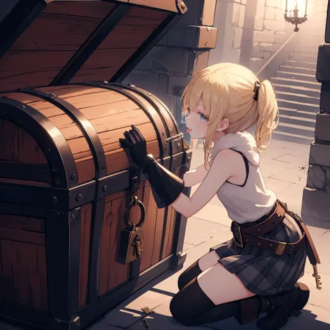 close treasure, treasure chest, 1girl, kneeling, (picking:1.2), keyhole, holding picking tool, looking at object, looking ahead, belt on waist,sleeveless, glove,plaid skirt, animal hood, tongue, black market, blond hair, masterpiece, best quality, <lora:close_treasure:1>