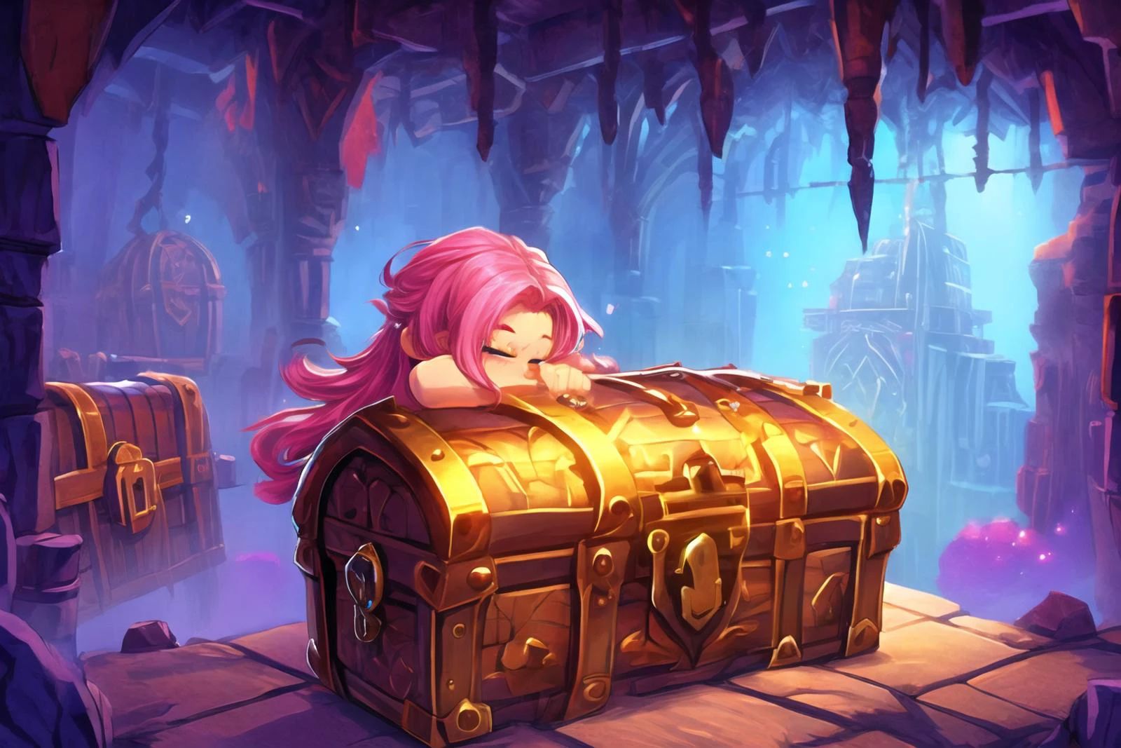 <lora:FantasyUnderground:1> fanun, magical fantasy, underground dwarven city, <lora:close_treasure:1> close treasure, cheek press, kneeling, hugging treasure chest, best quality, masterpiece, <lora:more_details:0.7>, 1girl, solo, pink hair, long hair, blue eyes